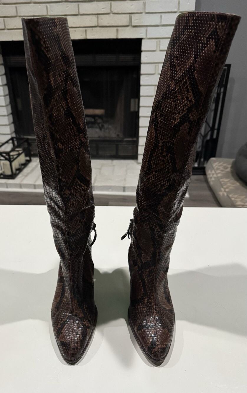 ZARA Brown Snake Print Knee High Block Heel Zip Pointed Toe Boots EU 38